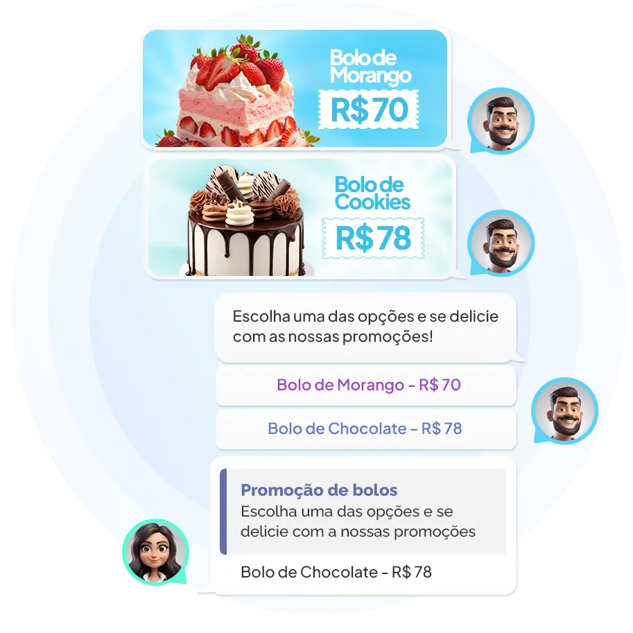 Captura de tela de uma conversa no WhatsApp entre um cliente e a padaria Bolo de Morango. O cliente pergunta sobre opções de bolo para uma festa de aniversário, e a padaria fornece informações detalhadas sobre seus sabores de bolo, ingredientes, opções de personalização e recomendações para a quantidade de bolos a serem encomendados.